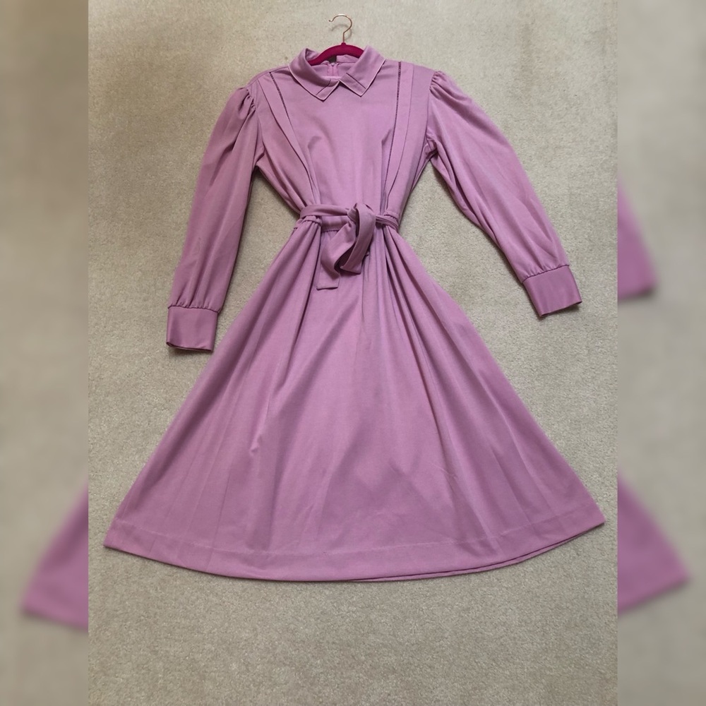Vintage Sears Dusty Pink Long Sleeve Shirt Dress with Collar and Tie Waist 14